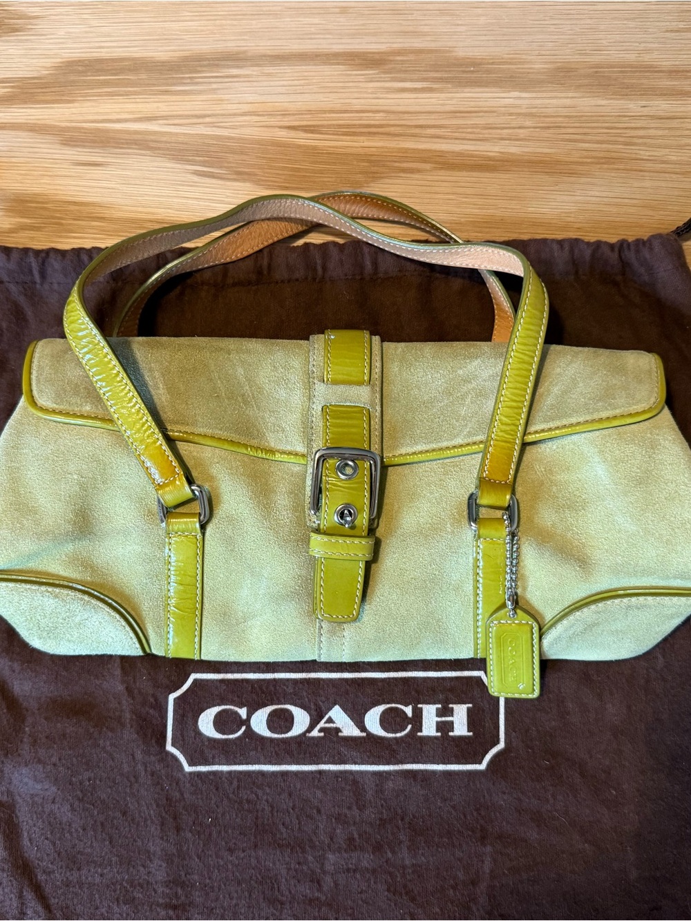 Coach Lime Green Leather & Suede Shoulder Bag with Buckle Detail